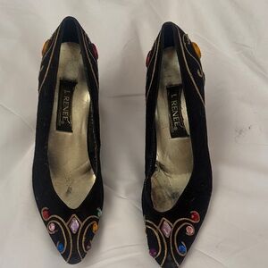 J.Renee Black Velvet Pointed-Toe Pumps with Multicolored Gem Accents